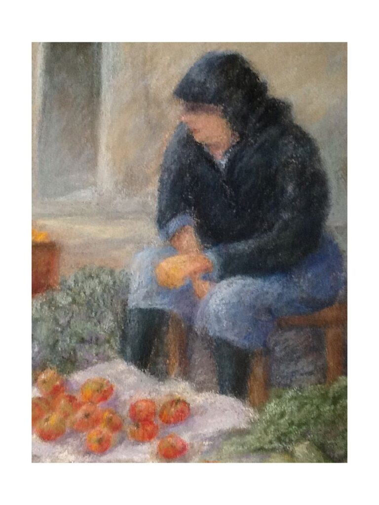 Tomato seller painting by Rosemarie Deepwell